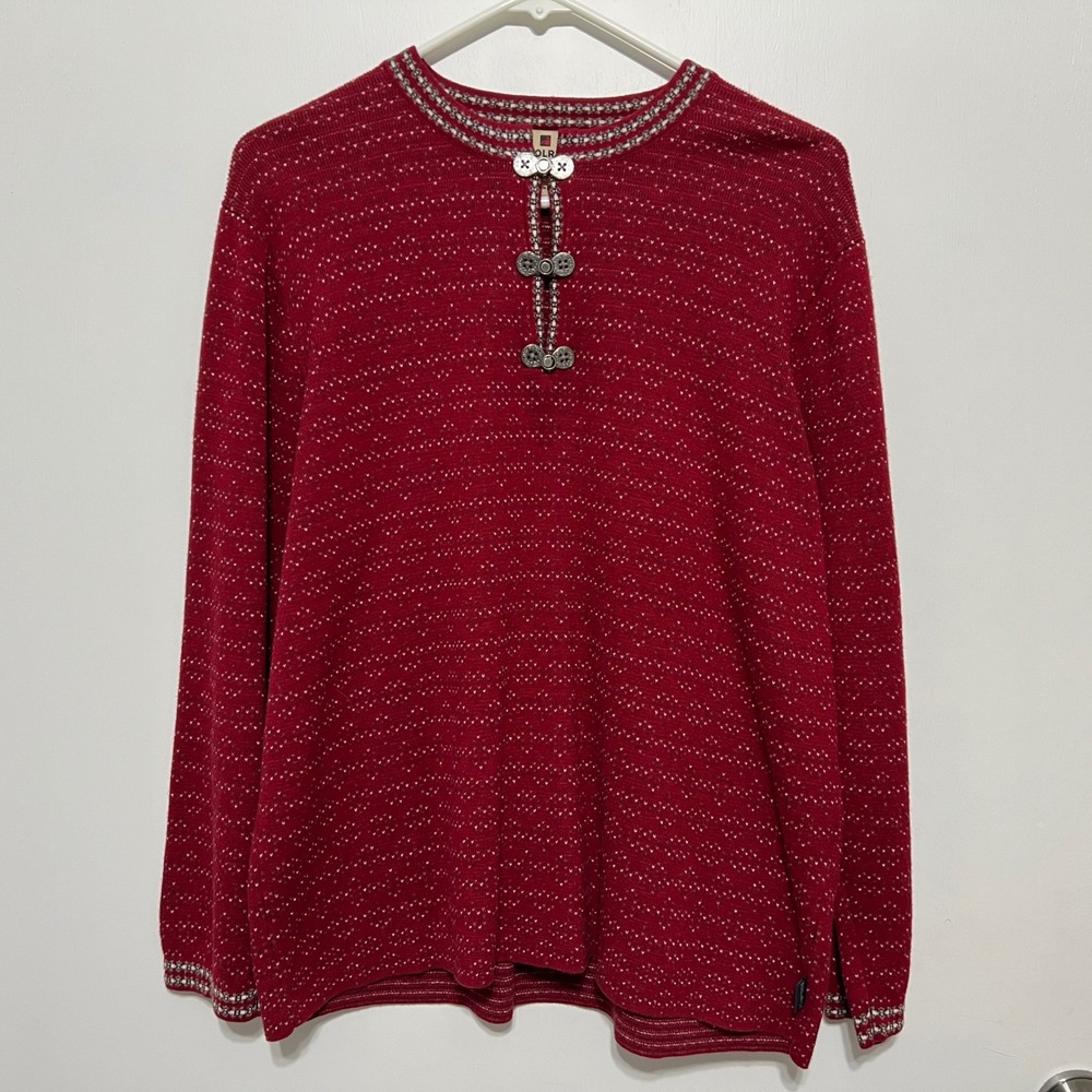 Vintage Woolrich Womens Red Nordic‎ Fair Isle Sweater Metal Clasp Henley Large